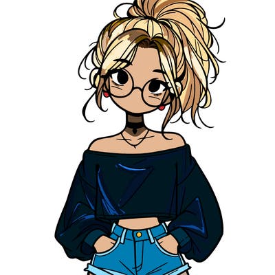 girl with a messy ponytail glasses a baggy crop top and jean shorts