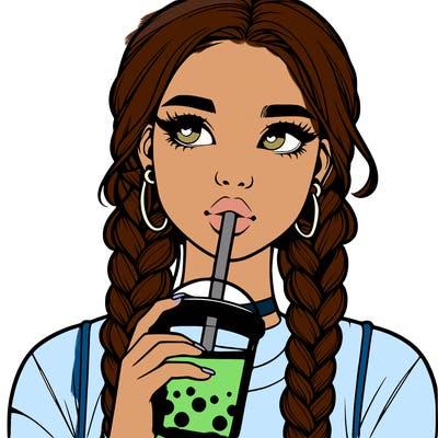 realistic girl with braided hair drinking boba