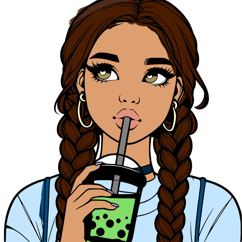 realistic girl with braided hair drinking boba