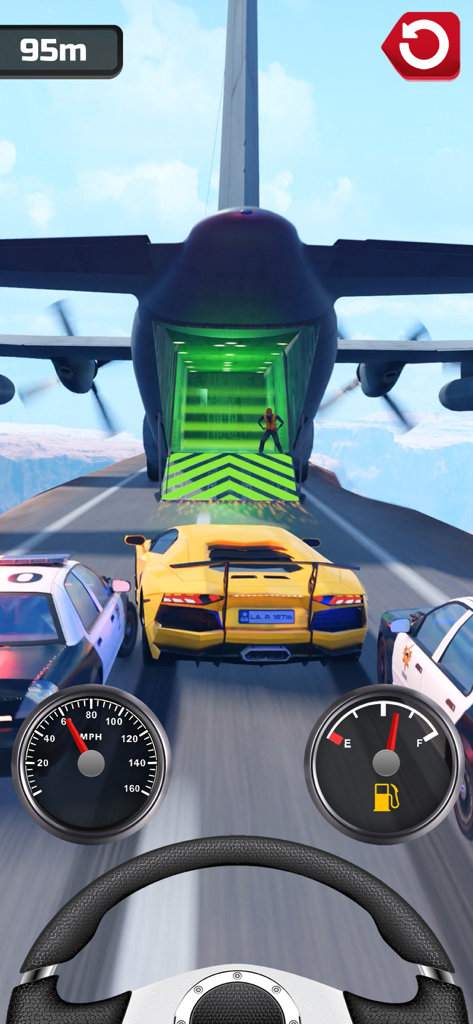 A yellow sports car racing toward an open cargo plane ramp with police cars in pursuit