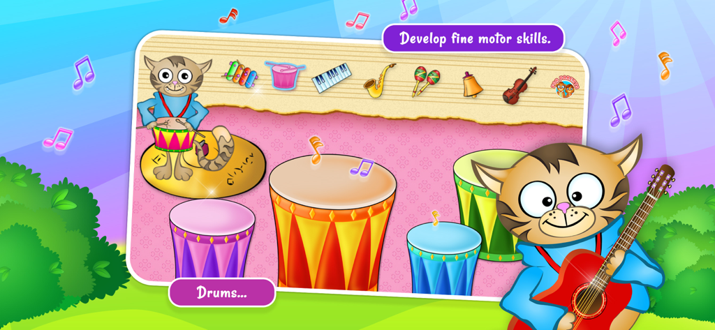 123 Fun MUSIC Games - Chats de dessin animé jouant de la batterie et de la guitare dans un jeu de musique pour enfants