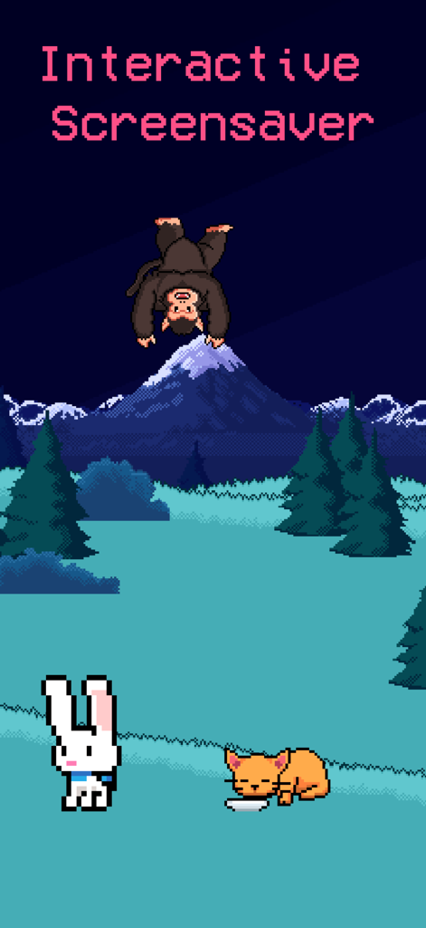 Pets Therapy - A pixel art interactive screensaver showing a monkey, rabbit and cat in a cozy mountain landscape