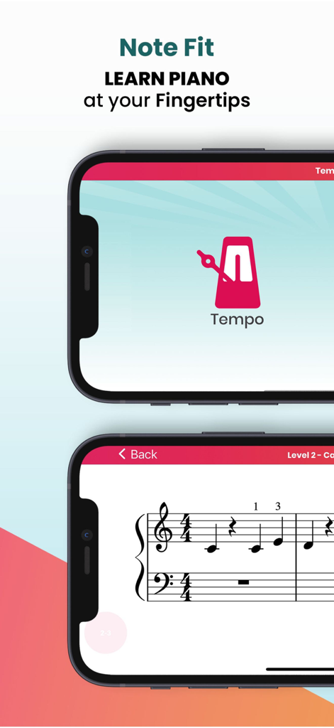 Mobile app screens showing a metronome for tempo and sheet music for piano sight reading practice.