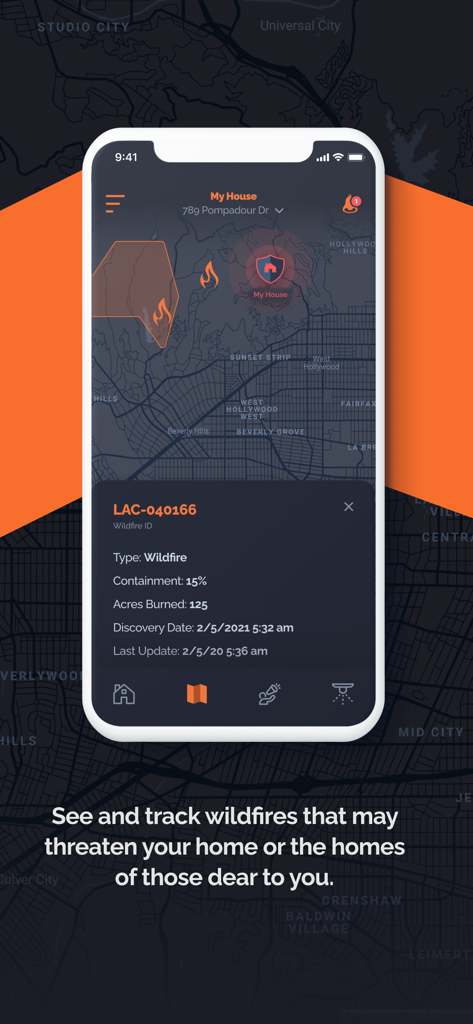Frontline Wildfire Tracker - Frontline Wildfire Tracker app interface showing a real-time wildfire map with fire perimeters and containment data near a residential location.