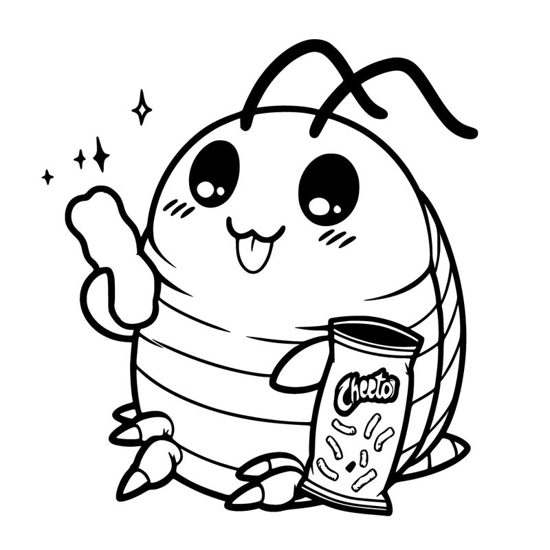 cute cockroach holding a cheeto in a anime style