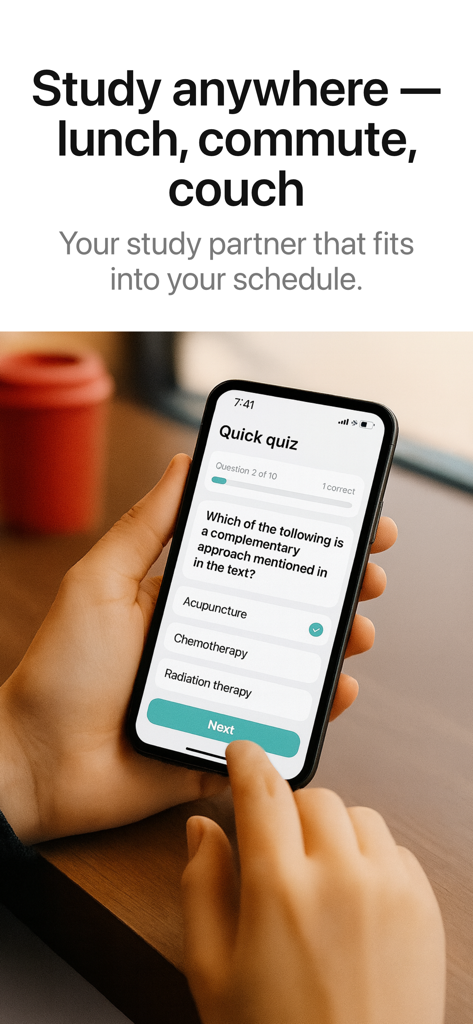 ScanQuiz: Study Smarter - Una persona usando la aplicación ScanQuiz en un iPhone para hacer un cuestionario de práctica mientras viaja.