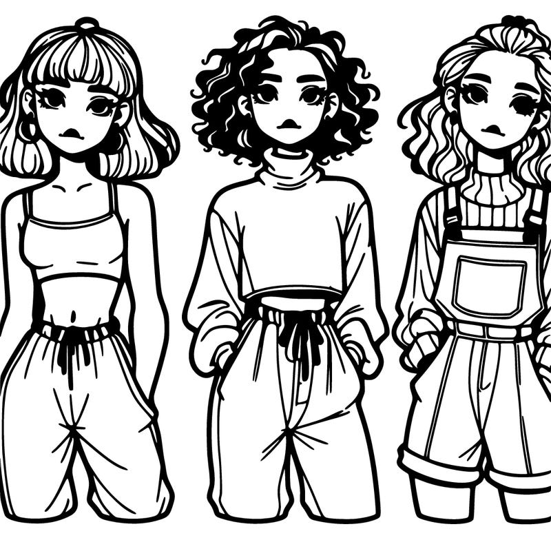 3 girls realistic one with crop top and baggy pants one with a turtleneck and curly hair and one with a long jumper and shorts