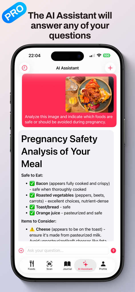 MomEats - Pregnancy Food Safe - AI Assistant in the MomEats app analyzing a meal photo for pregnancy food safety