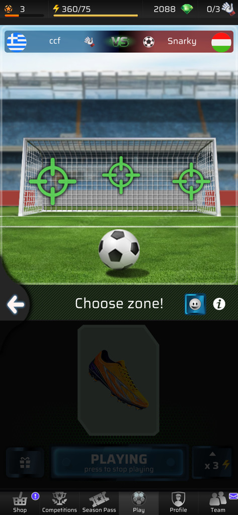 Gameplay screen of Goal Football PVP Game showing a soccer ball and three target zones on a goal net