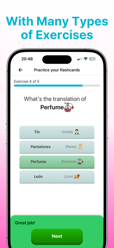 Rico Learn Words & Languages - 모바일 화면으로 Rico 앱에서 'perfume' 단어에 대한 객관식 언어 연습을 보여줍니다.