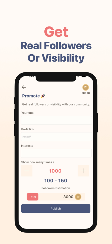 Tendencyz - Interfaz de la aplicación Tendencyz para promocionar perfiles de redes sociales y ganar seguidores y visibilidad reales.