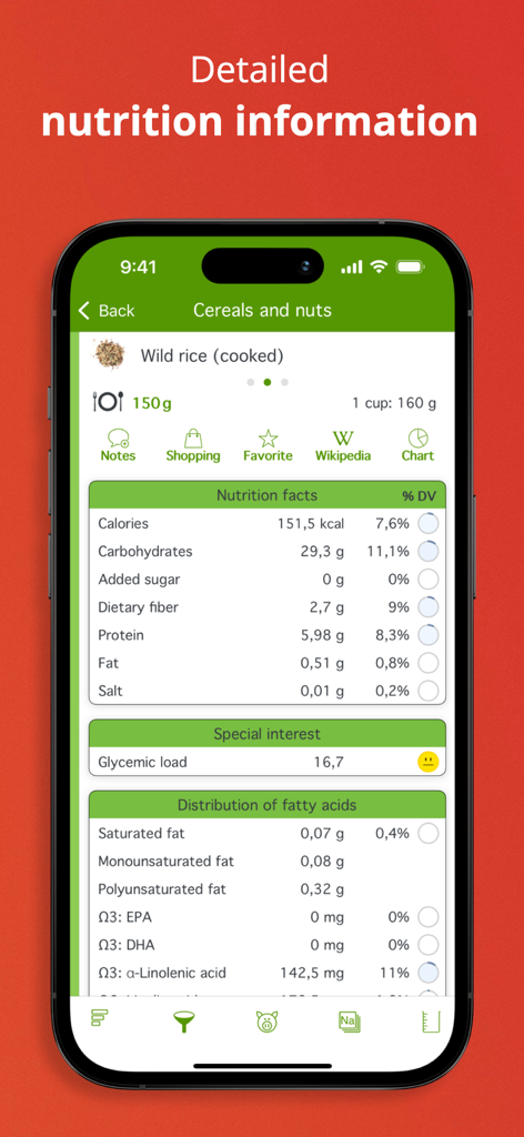 Mobile app screen showing detailed nutrition facts and fatty acid distribution for wild rice.