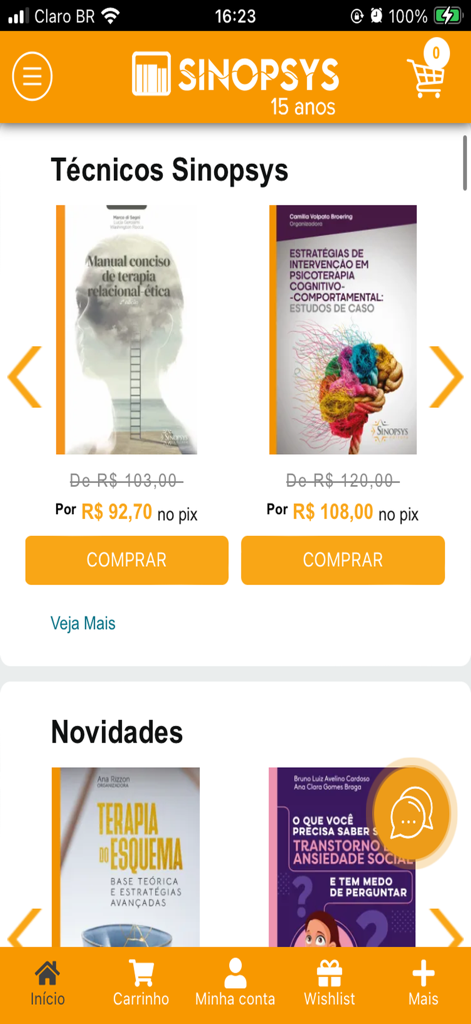 Écran d'accueil de l'application mobile Sinopsys Editora présentant un catalogue de livres de psychologie technique et d'outils thérapeutiques