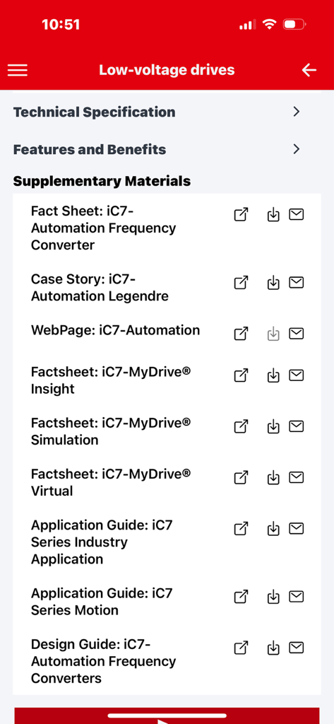 Eine Liste technischer Dokumentationen und ergänzender Materialien für Niederspannungsantriebe in der MyDrive Portfolio App.