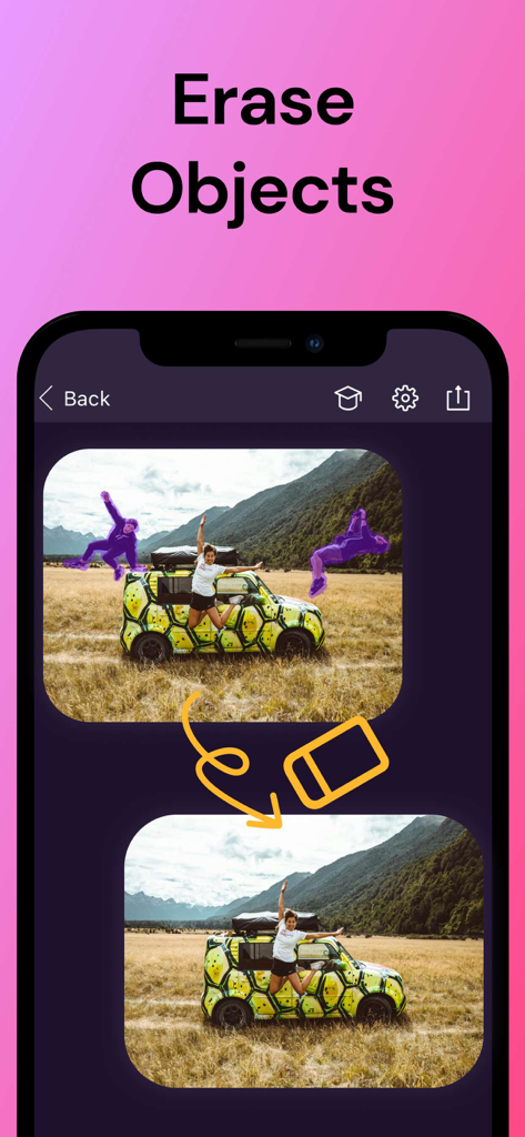 Pixomatic app demonstration showing how to remove unwanted objects and people from a photo background