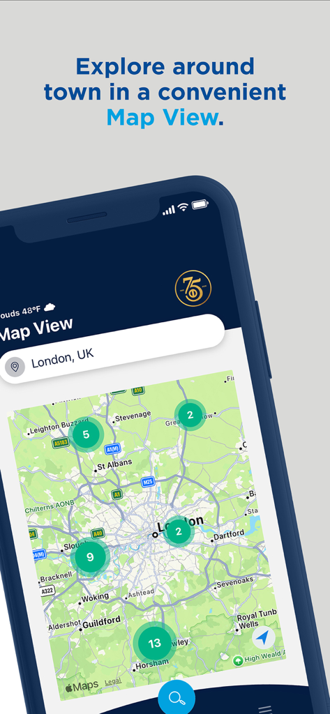 A smartphone displaying the Diners Club International app showing a map of London with marked locations for cardmember privileges.
