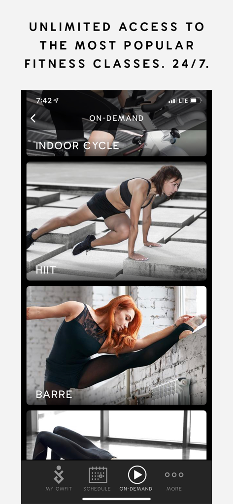 OMFIT - 1,000+ Fast Workouts - A mobile app interface displaying on-demand fitness classes including indoor cycle HIIT and barre