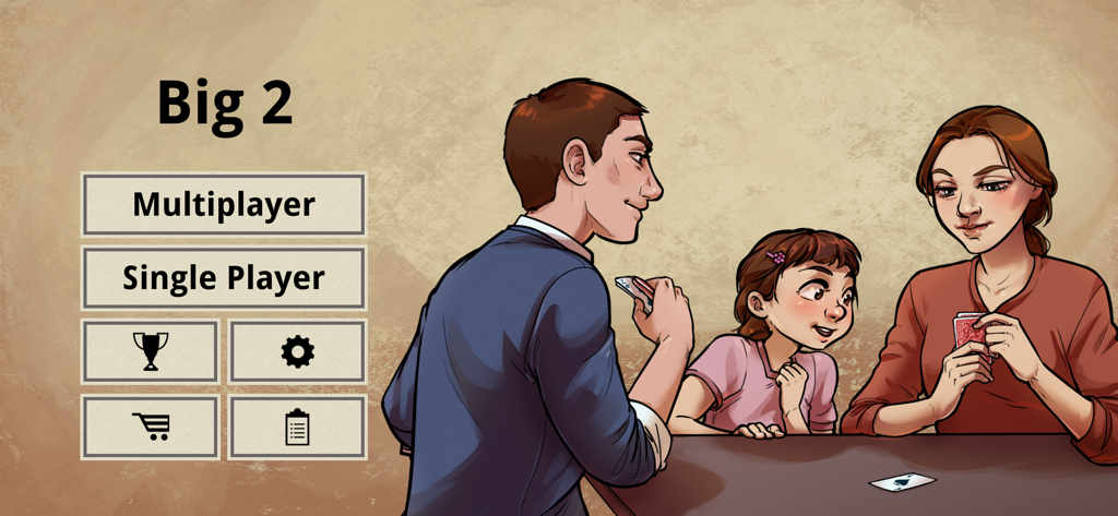 Big 2! - Main menu of the Big 2 card game app with options for multiplayer and single player featuring an illustration of a family playing cards