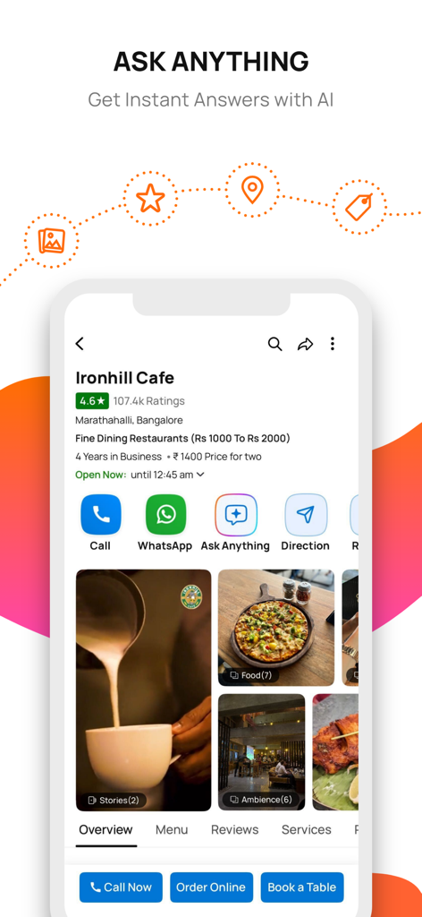 JD - The Best Local Search App - Pantalla de la aplicación Justdial que muestra el perfil de un restaurante con búsqueda y funciones de reserva por IA