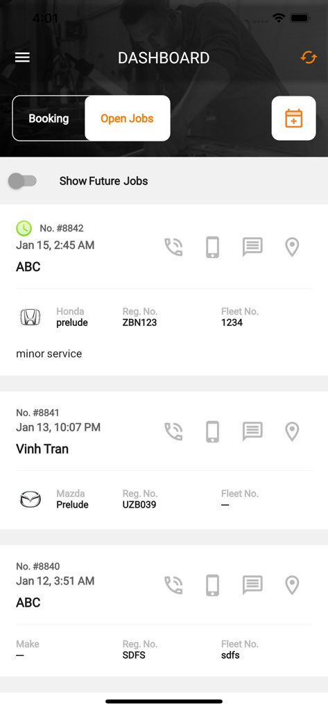 MechanicDesk Mobile dashboard displaying a list of current open repair jobs for an automotive workshop