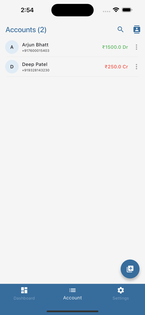 The Cash Book - The accounts list screen of The Cash Book app showing a list of contacts with their respective debit and credit balances