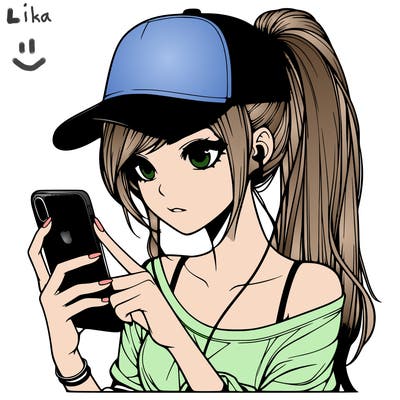 realistic girl with a long ponytail and trucker hat holding an iphone