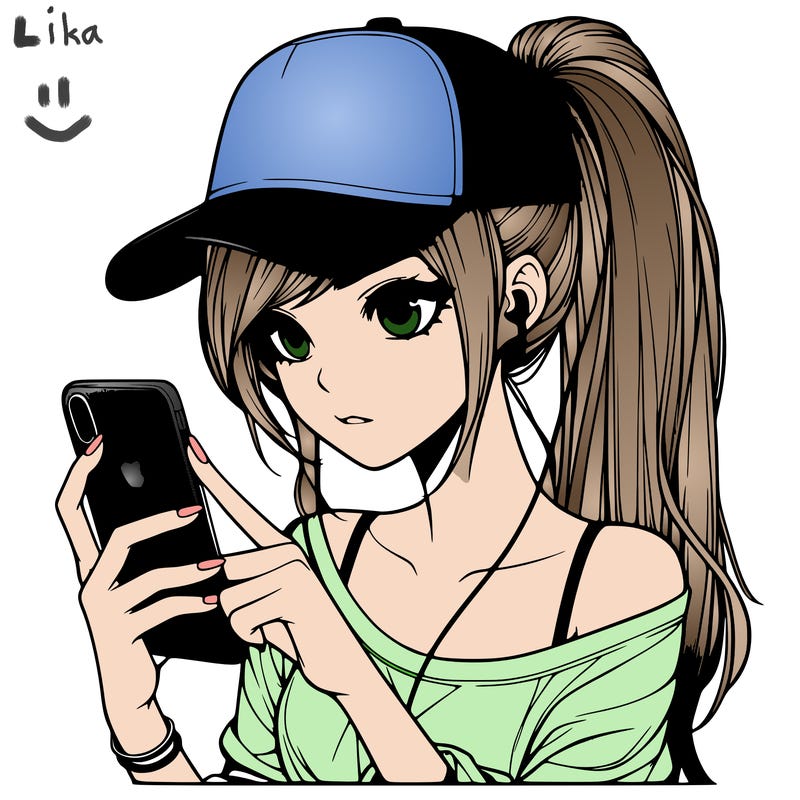 realistic girl with a long ponytail and trucker hat holding an iphone