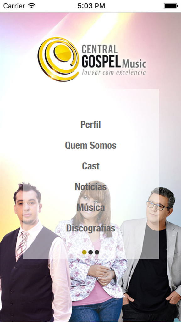 Central Gospel Music - Tela inicial do aplicativo Música Gospel Central exibindo o menu de navegação principal em português e artistas gospel em destaque