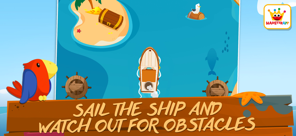 Bateau de dessin animé naviguant sur l'eau bleue dans un mini-jeu pour enfants avec un perroquet et une île au trésor