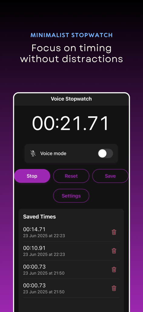 Voice-Stopwatch - Minimalist user interface of Voice-Stopwatch app featuring a digital timer and saved records list
