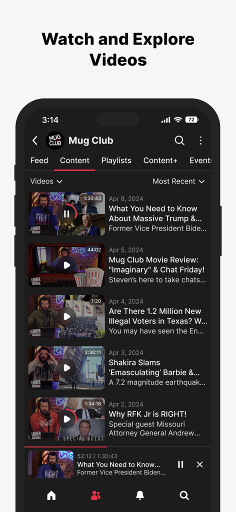 Locals.com - Interface do aplicativo Locals mostrando uma lista de vídeos no feed da comunidade Mug Club