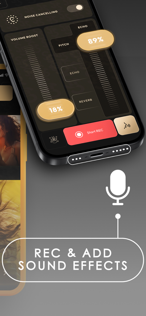 Sound Connect - Music Widget - Interfaz de grabación de la aplicación Sound Connect con aumento de volumen y efectos de audio como eco y reverberación