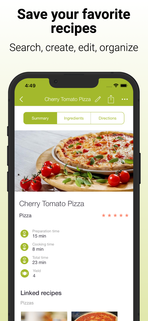 Pantalla de la aplicación móvil Cookmate mostrando una receta guardada de Pizza de Tomate Cherry con detalles de preparación y cocción
