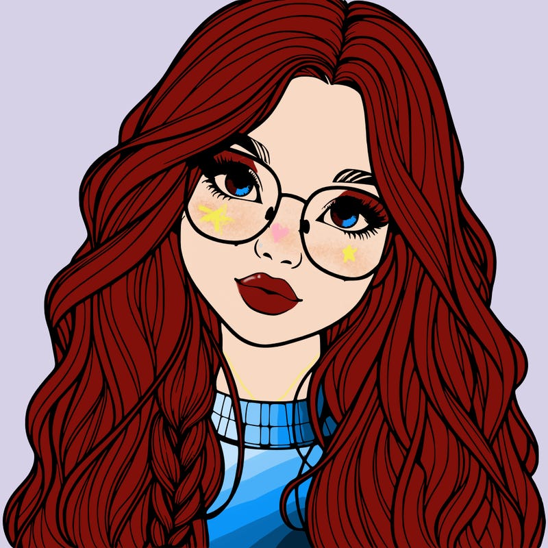 girl with long hair and freckles and glasses realistic