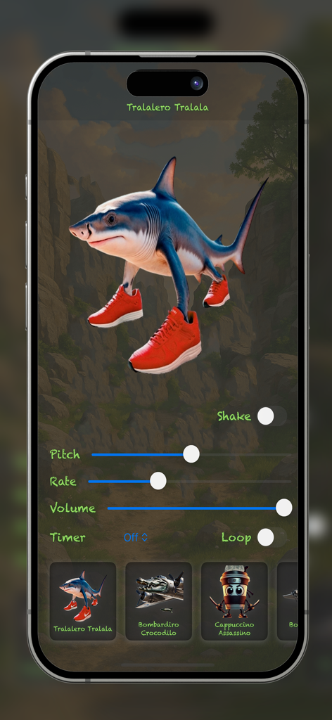 Italian Brainrot AI Prank - The Italian Brainrot AI Prank app interface featuring a shark character in red sneakers and audio modulation controls for pitch rate and volume