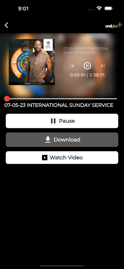 Orel Plus - Orel Plus App-Mediaplayer spielt eine internationale Sonntagsgottesdienstpredigt mit Download- und Video-Buttons.