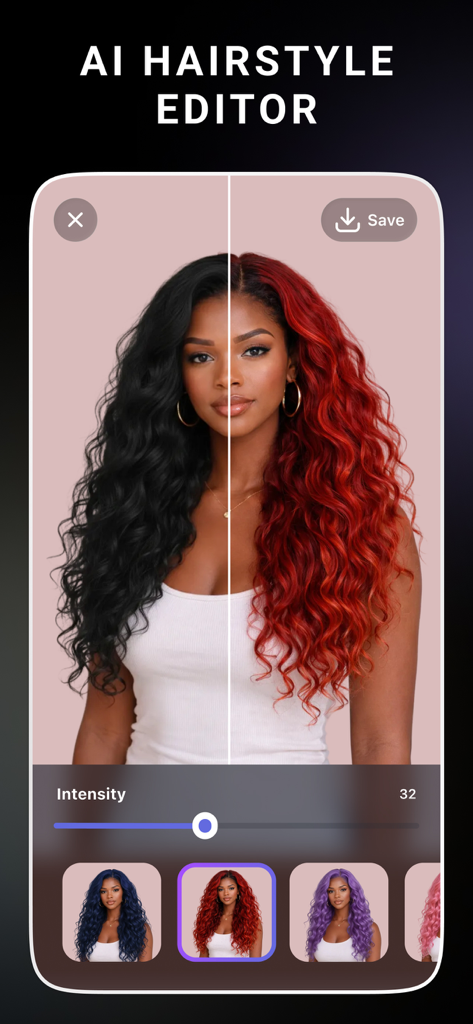 AI Hairstyle + - Interfaz del Editor de Peinados IA que muestra una comparación de pantalla dividida de opciones de color de cabello negro y rojo