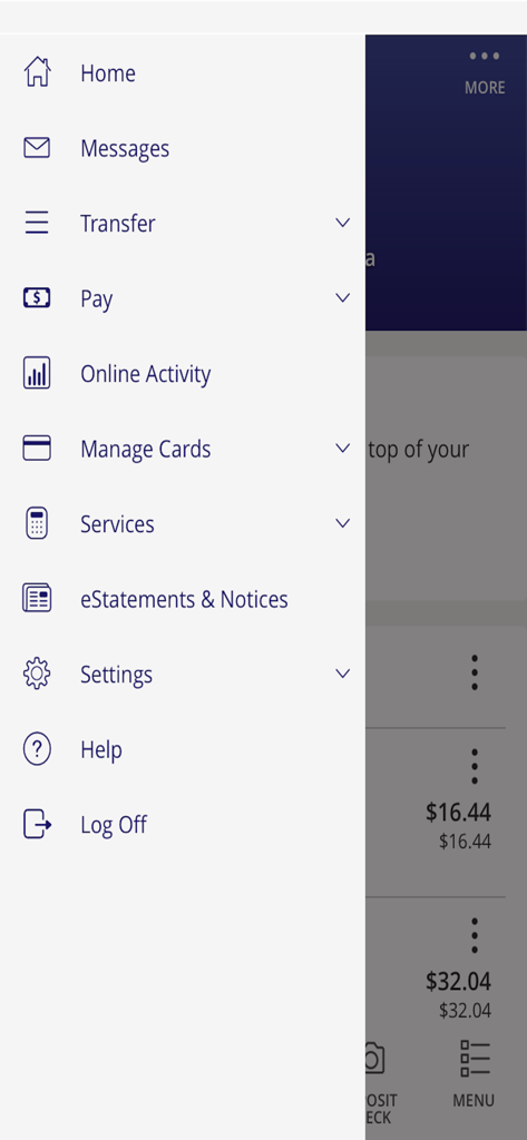CB-Mobile Banking - Side navigation menu of the CB-Mobile Banking app showing options for transfers, bill pay, and card management.