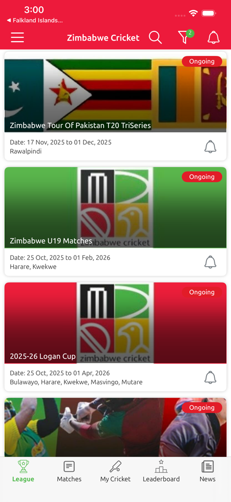 Zimbabwe Cricket - Zimbabwe Cricket app interface showing a list of ongoing cricket tournaments and league matches.