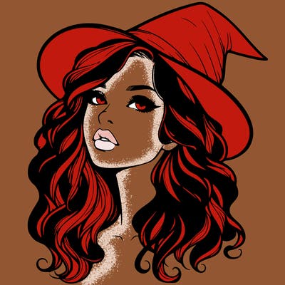 realistic witch girl with wavy hair and lips