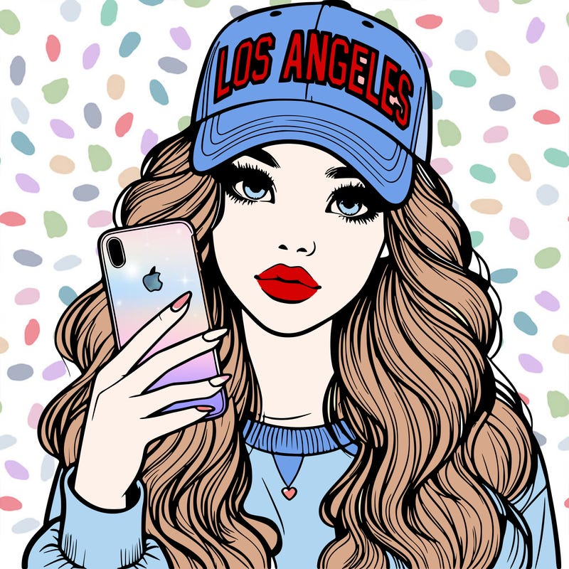 realistic beautiful girl wearing los ángeles cap holding an iphone