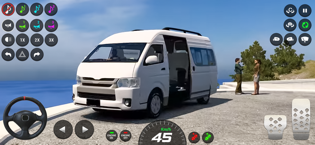 Dubai Van Simulator Game 3D - White van with open side door and driving controls in Dubai Van Simulator Game 3D.