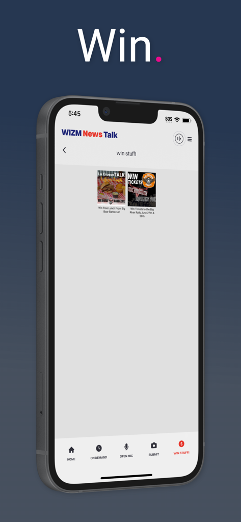 Captura de tela do aplicativo WIZM News mostrando a página Win Stuff com concursos locais para almoço grátis e ingressos para eventos