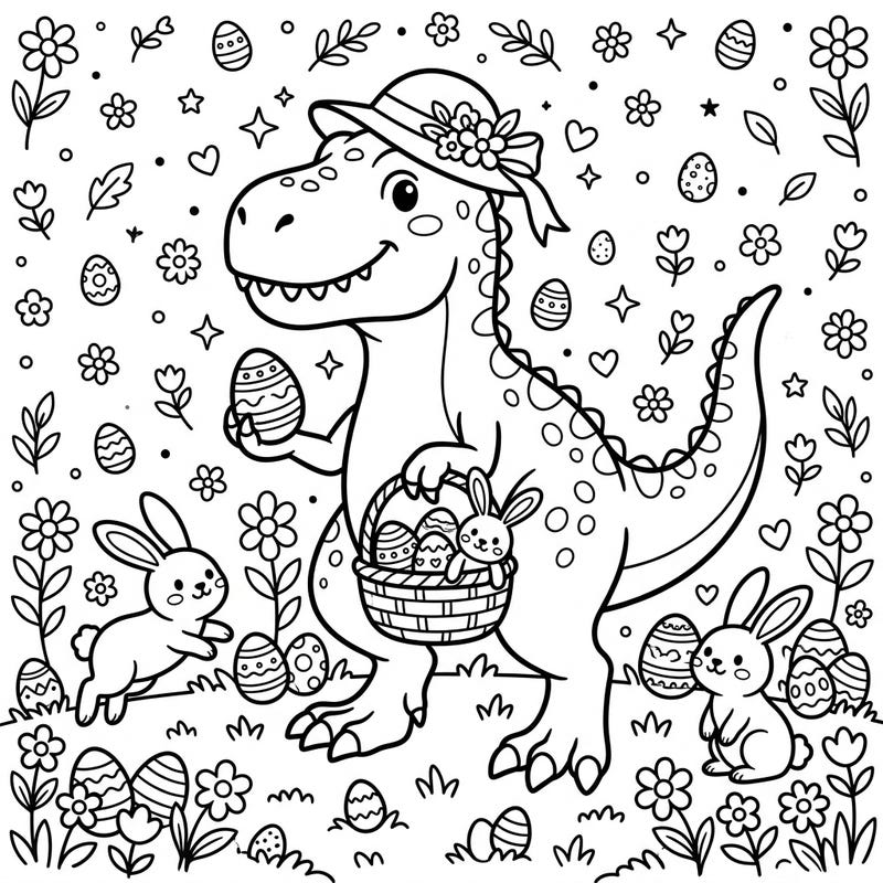 Get ready for a prehistoric Easter celebration with this adorable T-Rex coloring page! Kids will have a blast bringing this friendly dinosaur and its bunny friends to life amidst a field of festive Easter eggs and spring blossoms.