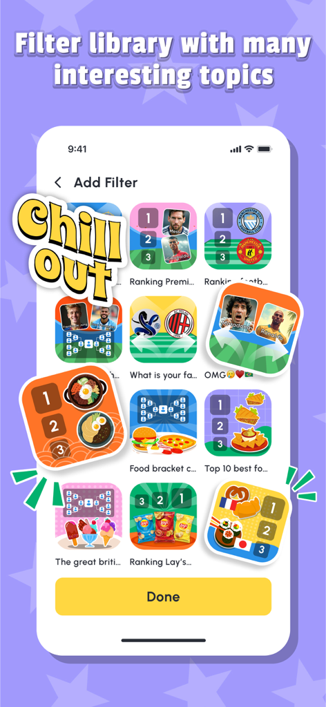 Ranking Challenge: Fun Filter - A library of diverse ranking filters including football and food topics on a mobile app interface