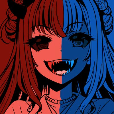 anime girl, vampire teeth,demon slayer themed, evil smile