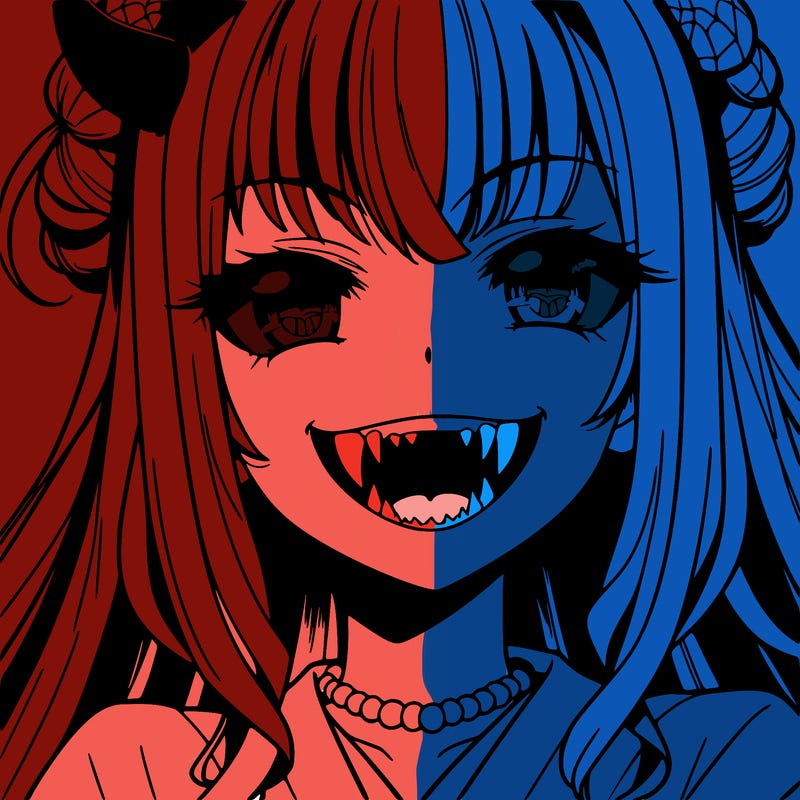 anime girl, vampire teeth,demon slayer themed, evil smile