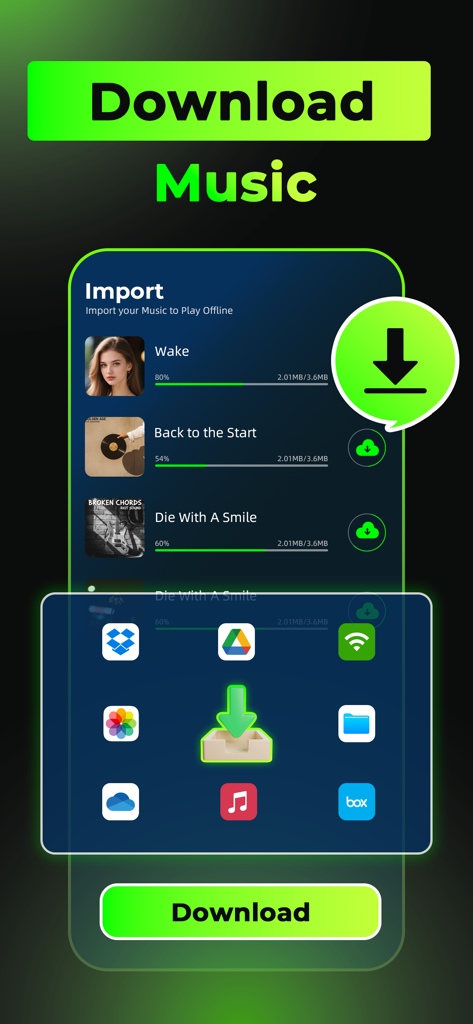 Interfaz de la aplicación móvil para descargar e importar música desde varios servicios de almacenamiento en la nube para reproducción sin conexión.
