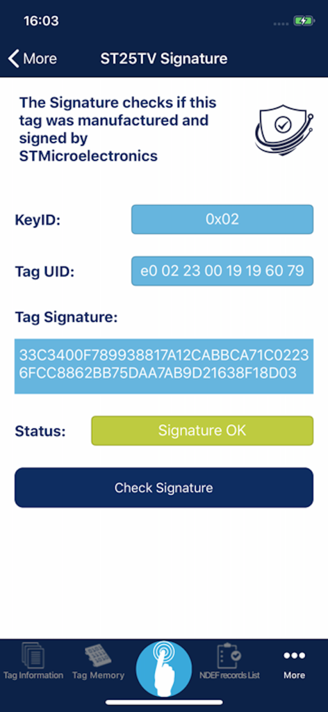 NFC Tap - NFC Tap app screen showing a successful STMicroelectronics ST25TV tag signature check with status Signature OK