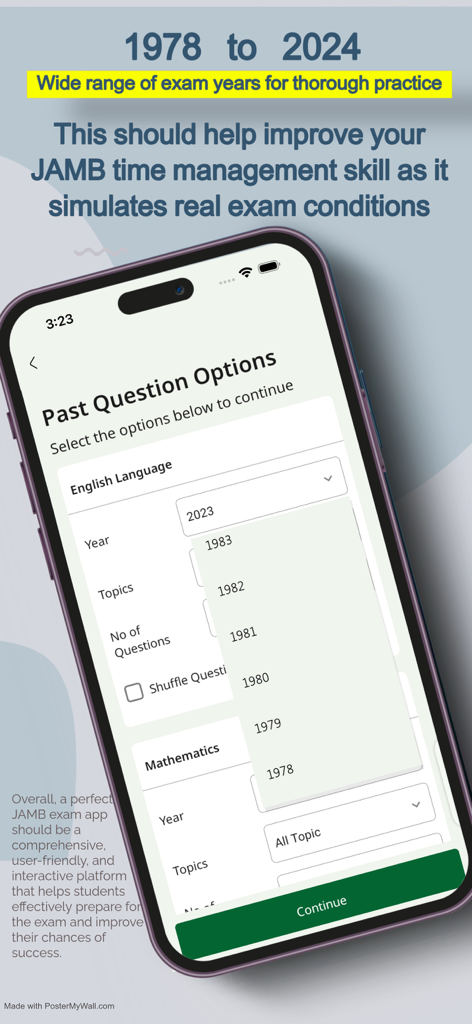 JAMB CBT PRACTICE 2026 - LFX - 1978年から2024年までの科目と年のフィルターを表示するJAMB過去問の選択画面。
